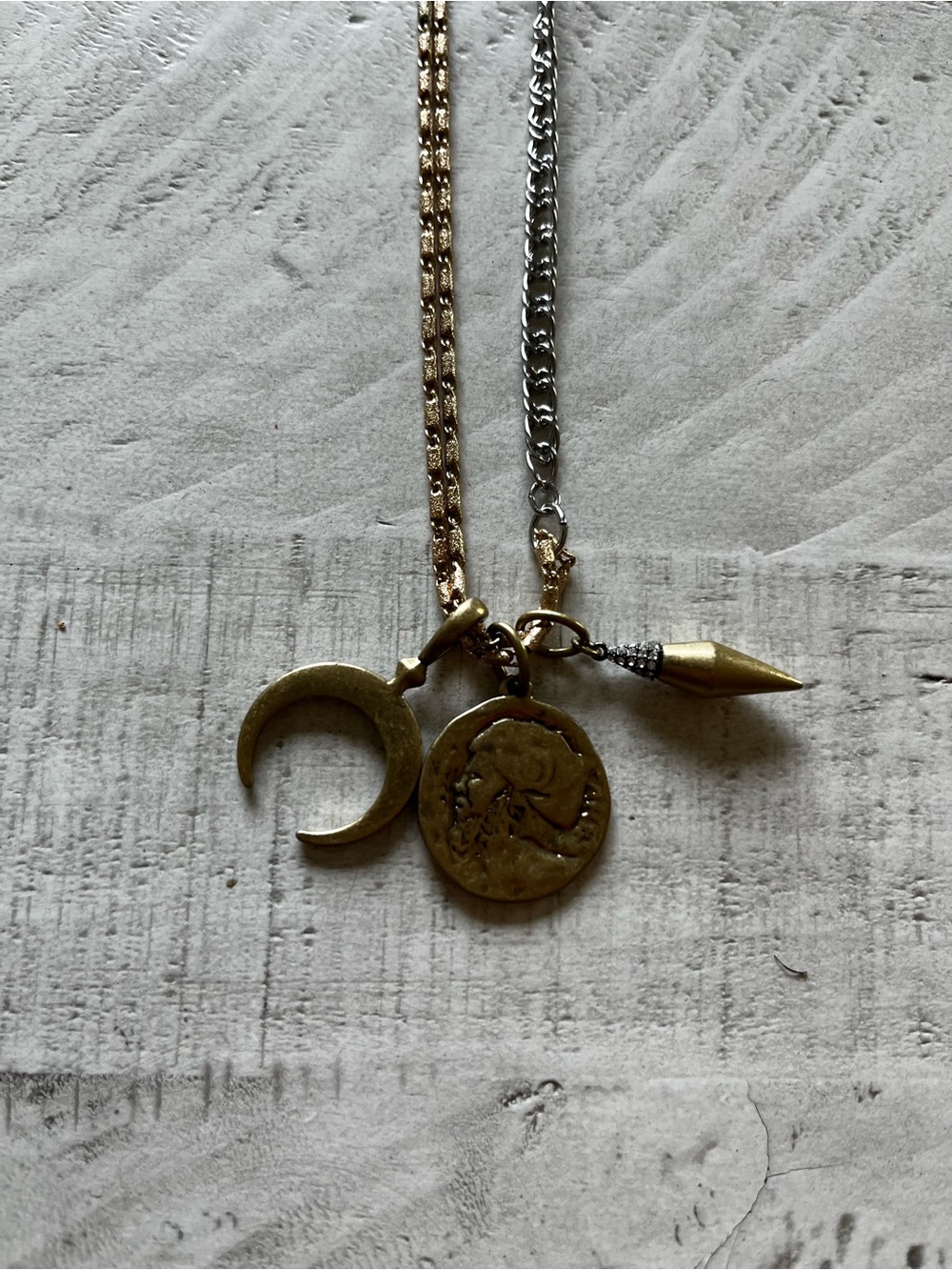 Stella & Dot Gold Multi-Charm Necklace with Coin, Crescent & Spike - Picture 4 of 6